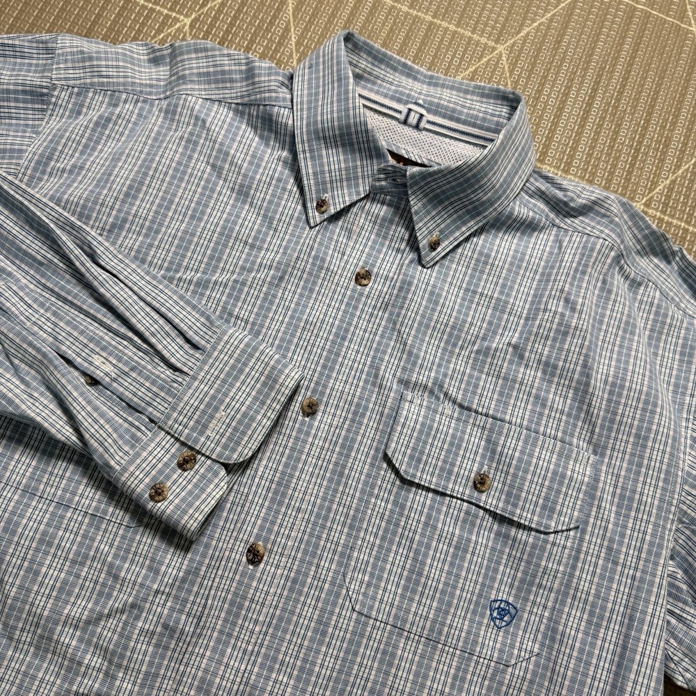 Ariat Pro Series Button Down Men Large Blue Plaid Cotton Long Sleeve Western EUC